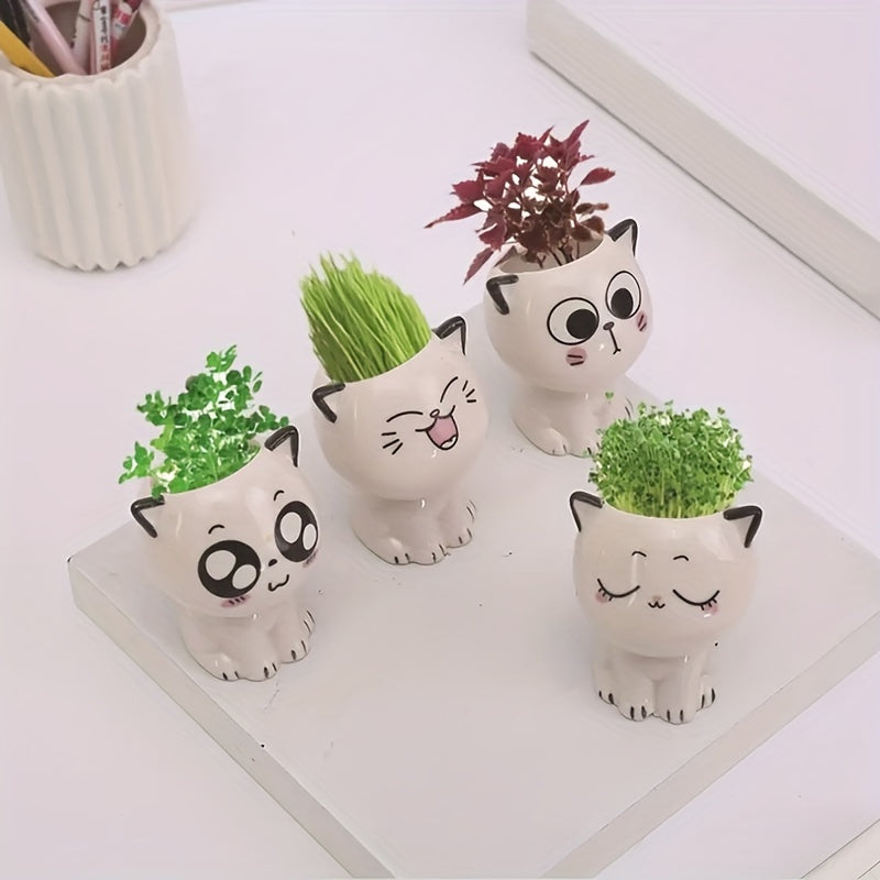 Mini Cartoon Cat Ceramic Flower Pot for Desktop Indoor Outdoor Decor