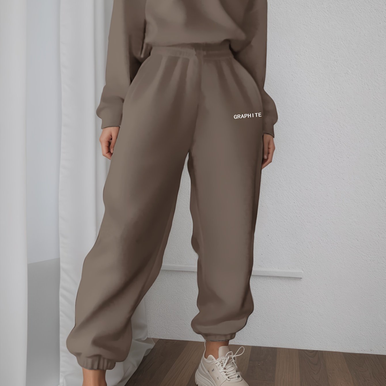 Plus Size Women's Casual Sportswear Set Polyester Brown Joggers Sneakers