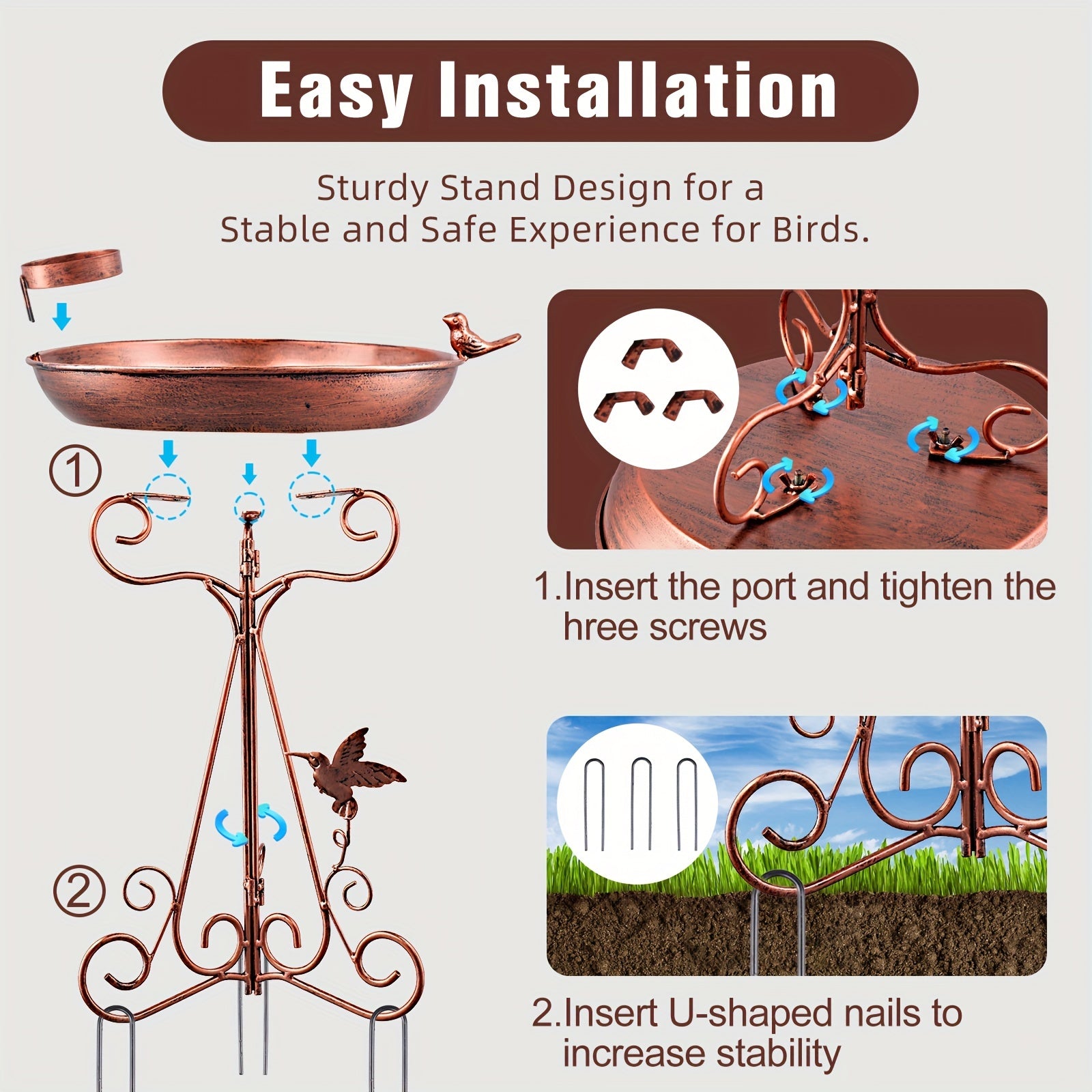 Vintage qush vannasi stendi, 12 dyuymli metall idish va tashqi foydalanish uchun ajratiladigan egiluvchan temir asos bilan qushlarni oziqlantirish stansiyasi sifatida.