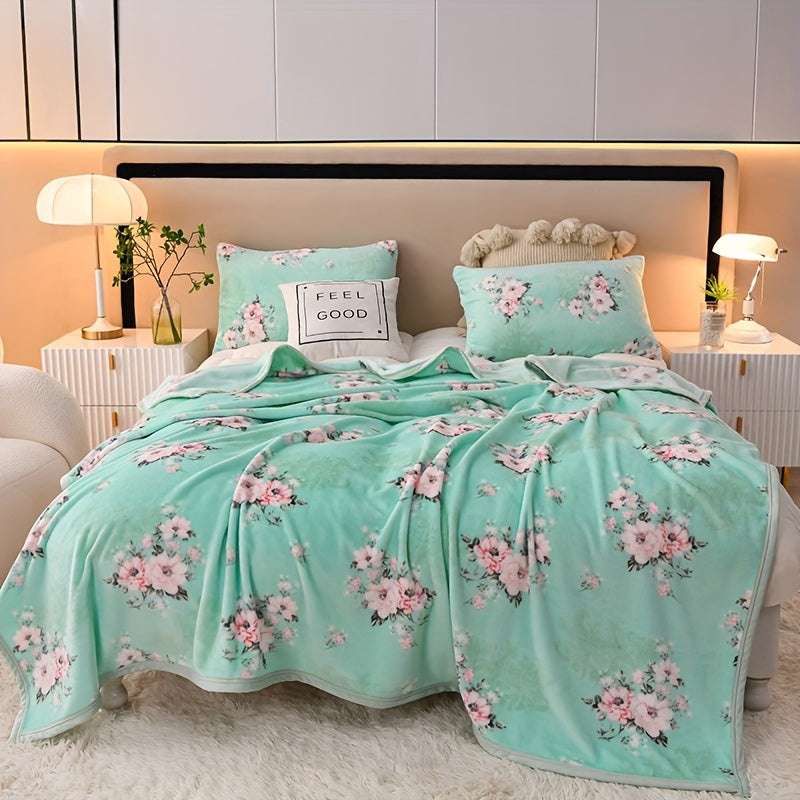 Manta de felpa de visón de doble cara con diseño de hojas florales azules para sofá, cama y viajes