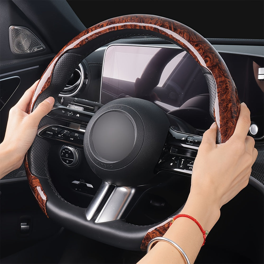 Car Steering Wheel Cover Mahogany Grain Leather Anti-Slip Universal