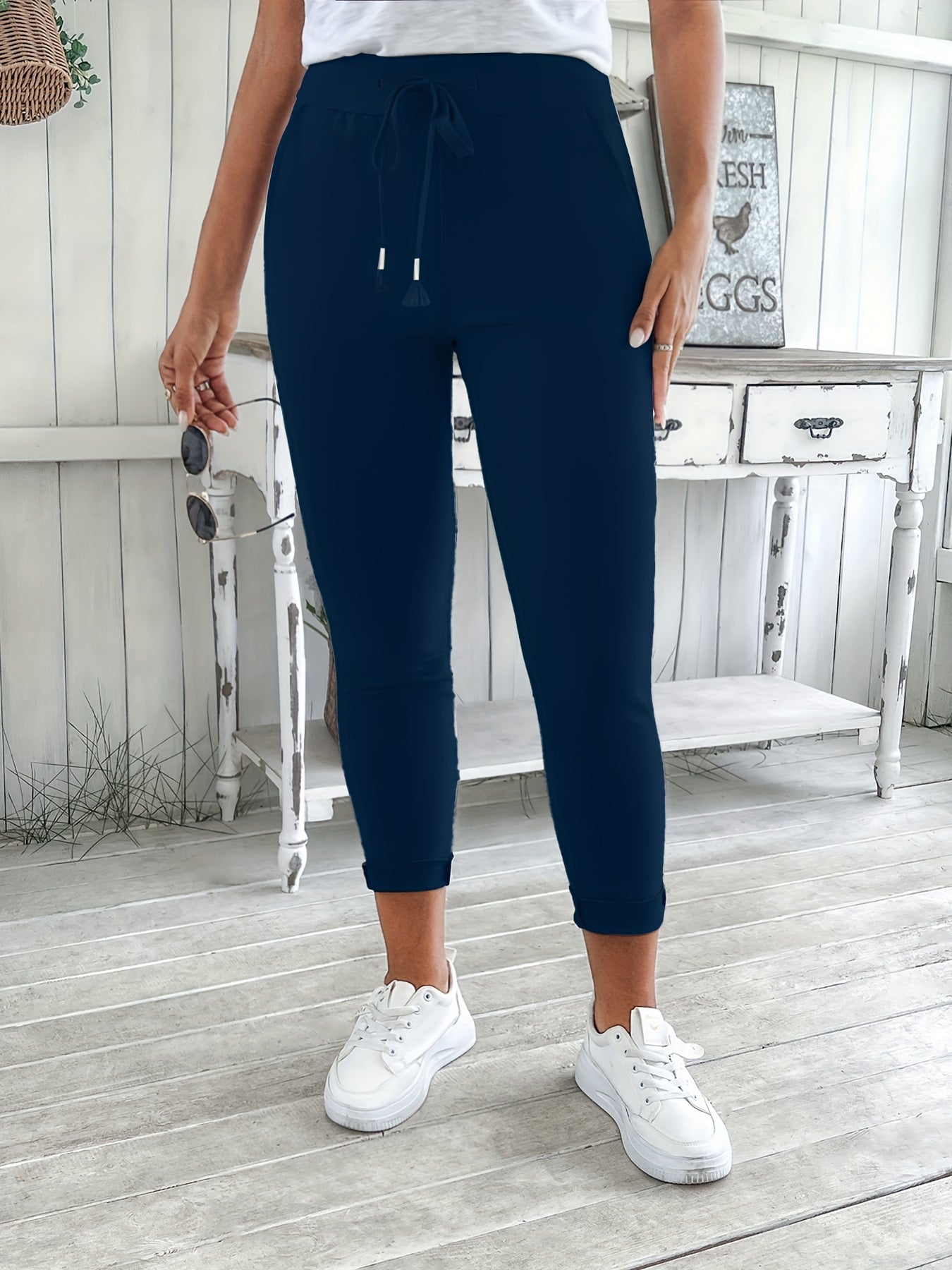 Women's Navy Blue Drawstring Jogger Pants Made of Stretchy Polyester with Pockets