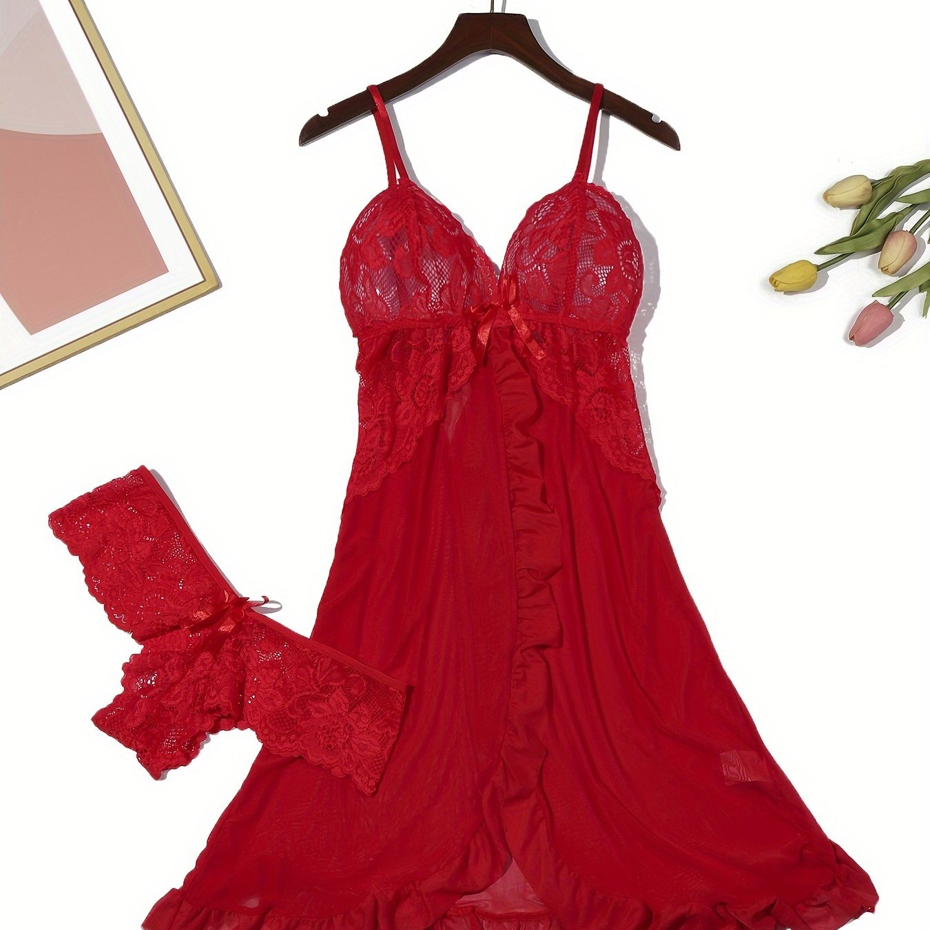 Women's Lace Trim Sleepwear Set with Deep V-Neck Slip Dress and Panty Lingerie