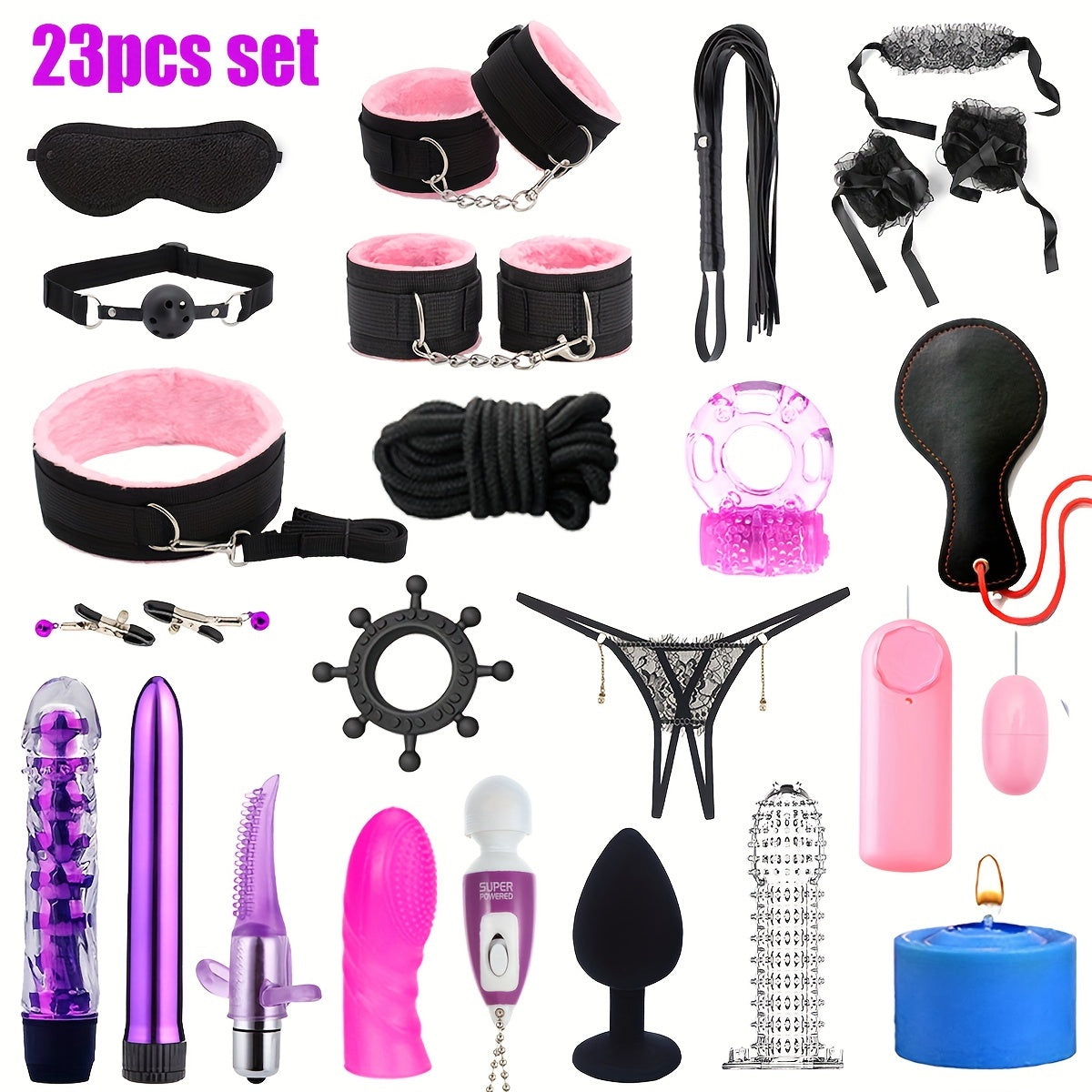 Adult Bondage Kit 23 Pieces, Metal and Silicone, BDSM Sex Toys for Couples