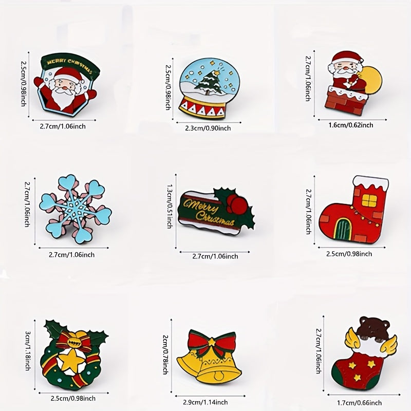 9 ta Rojdestvo broshlari to'plami, Santa, qoraxona, multfilm uslubidagi alloy pinlar, kalitlar va kurtkalar uchun