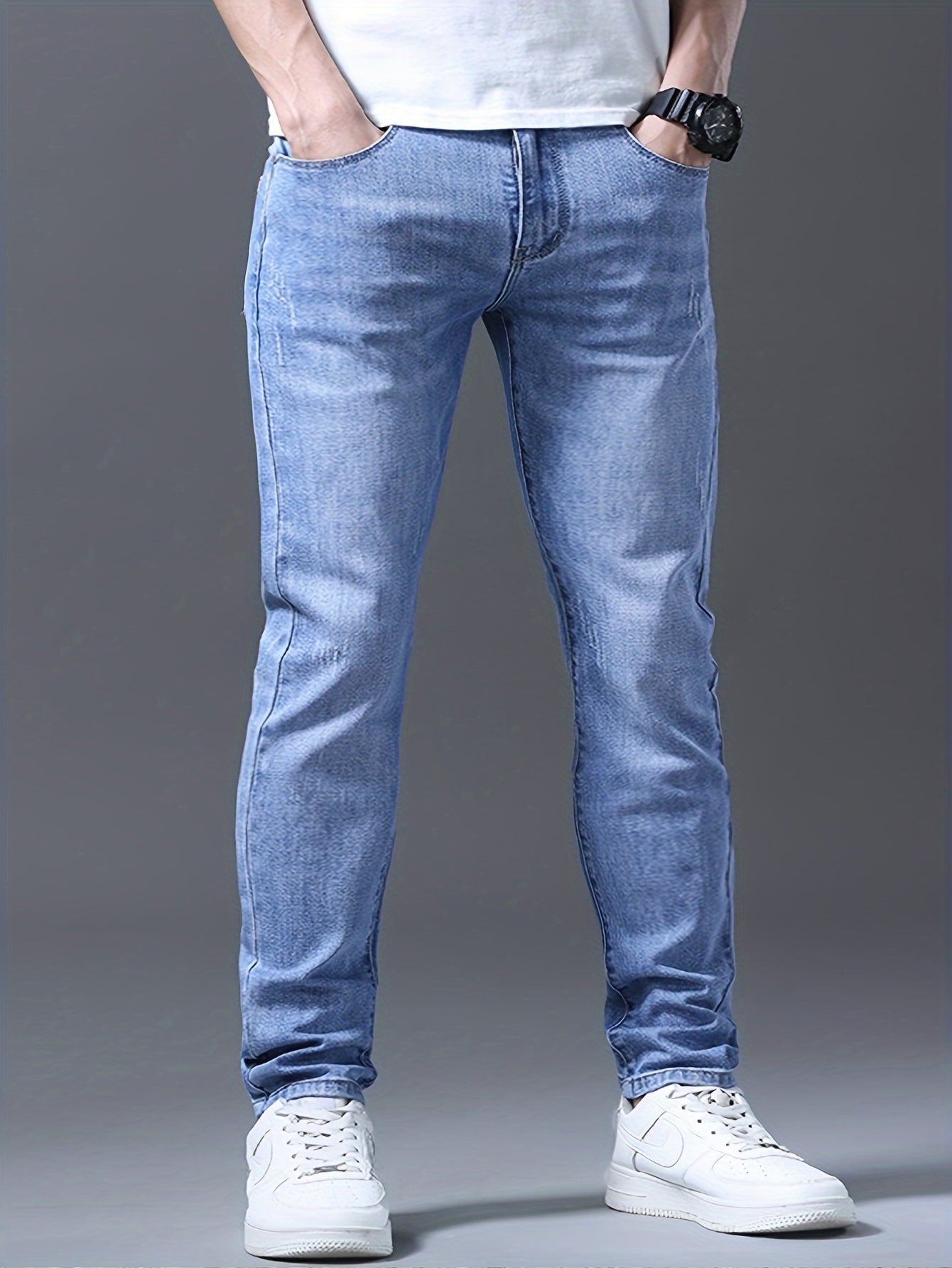 Men's Slim Fit Light Blue Stretch Denim Jeans All-Season