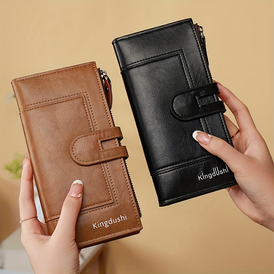 Long Leather Clutch Wallet with Zipper Coin Pocket Vintage Minimalist Retro Style