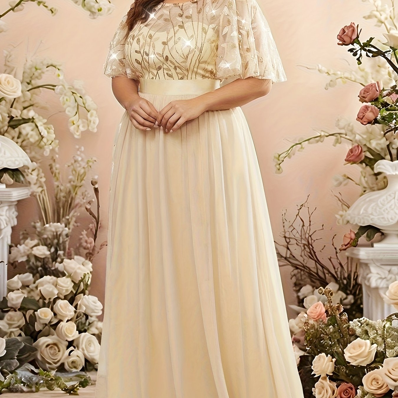 Women's Plus Size Evening Mesh Spliced Round Neck Dress