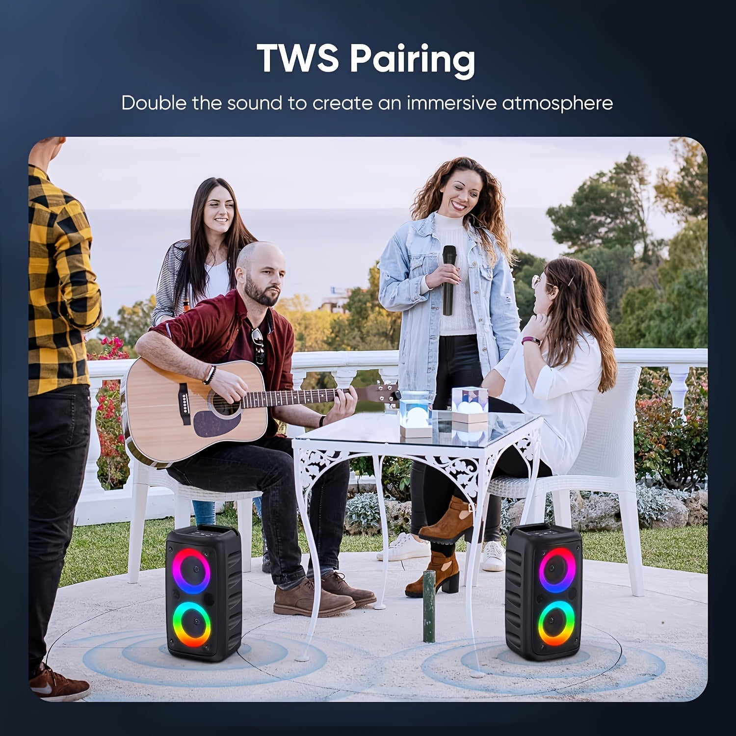 MOKiN Portativ Simsiz Dinamik Subvufr bilan, Mikrofon, Ikki 10W Dinamik, RGB Partiya Chiroqlari, FM Radio, 2400mAh Batareya, TWS Juftlashuvi, TF Kartasi Slot - Uy va Tashqi Tadbirlar Uchun Ideal