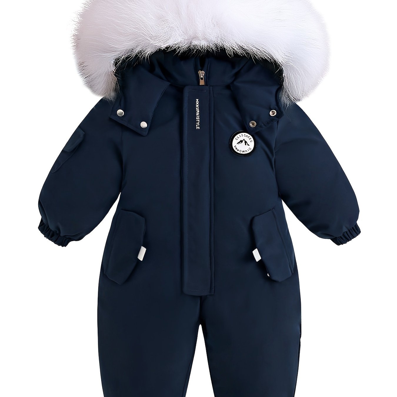 Baby Winter Jacket Hooded Fur Trim Pockets Fleece-Lined Unisex Navy Blue