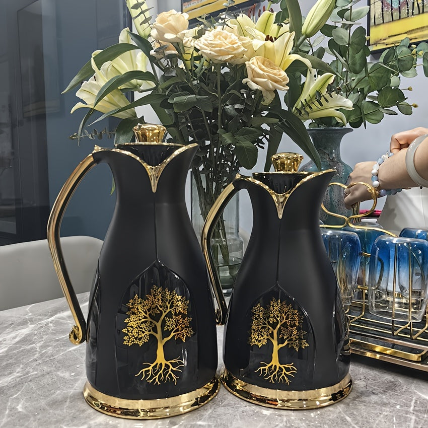 Insulated Ceramic Coffee Carafe with Golden Tree Design Vacuum Sealed White Thermal Flask for Hot Cold Beverages