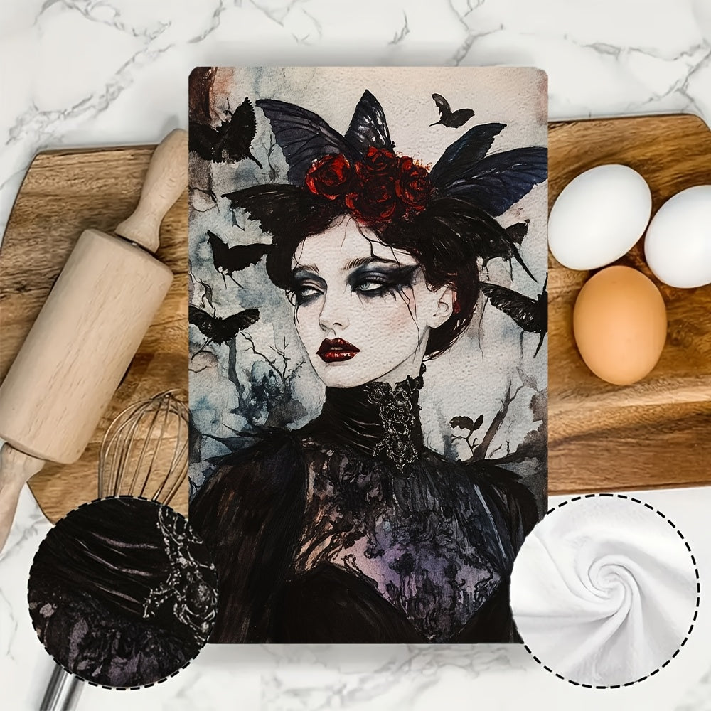 Two Pieces Gothic Kitchen Towels Red Roses Black Lace Absorbent 40x60 cm