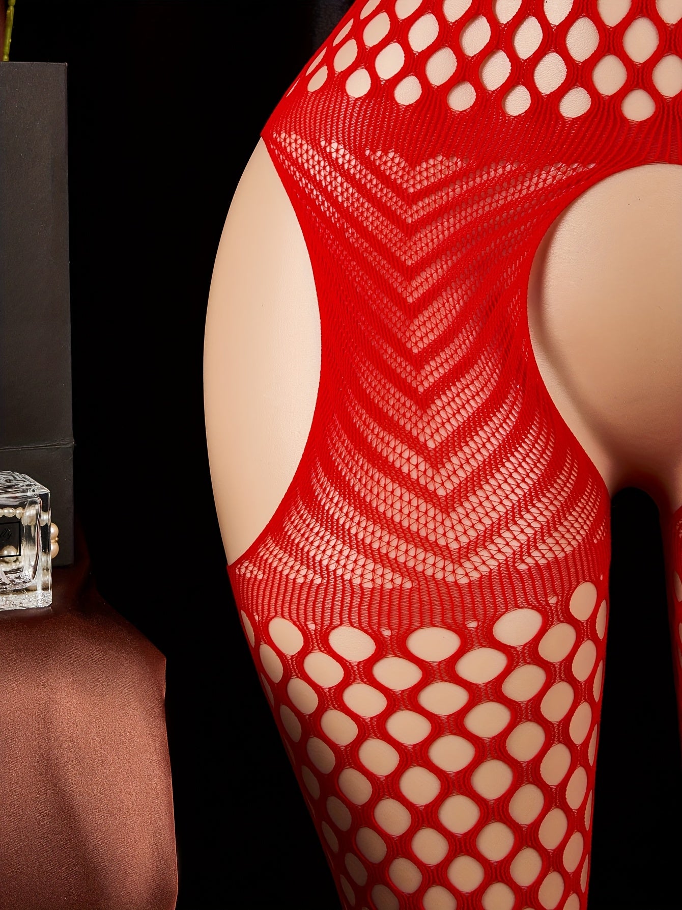 Women's Red Halter Fishnet Bodysuit Lingerie Open Crotch See-Through Hollow-Out