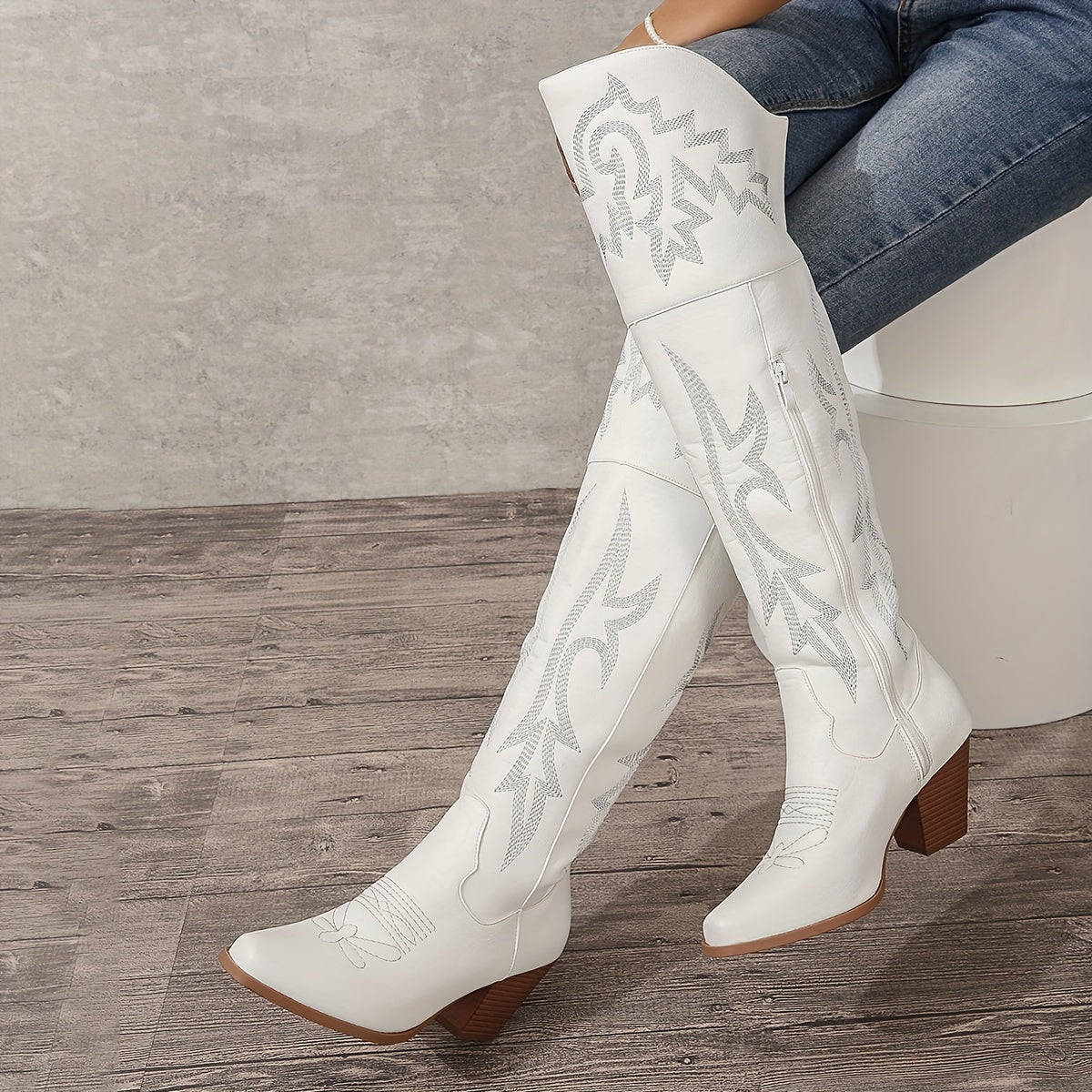 Women's Brown Faux Leather Over-the-Knee Western Boots with Zipper