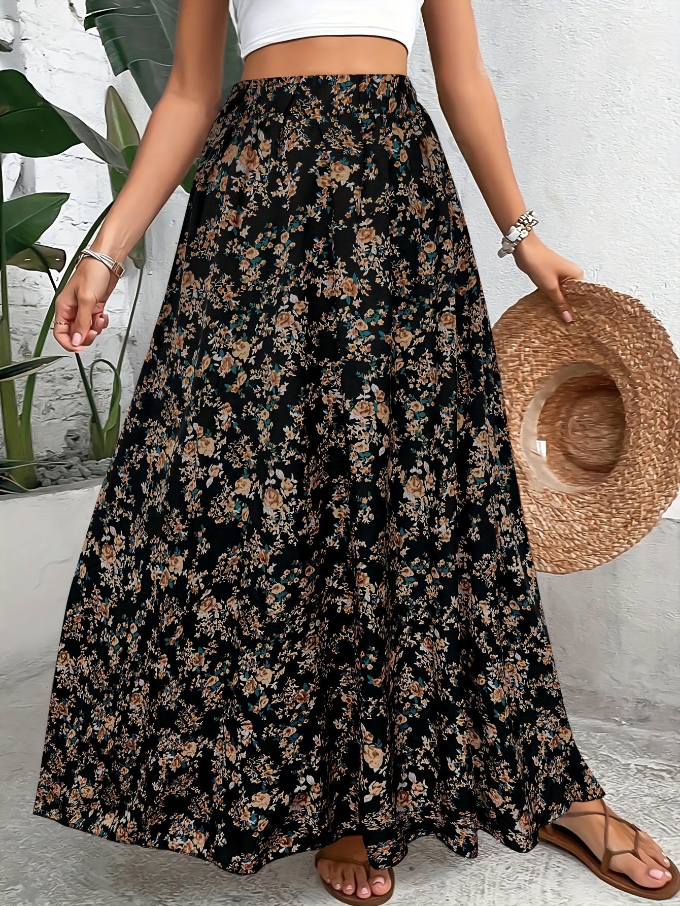 Bohemian Style Long Skirt with Small Floral Print Elastic Waist for Women