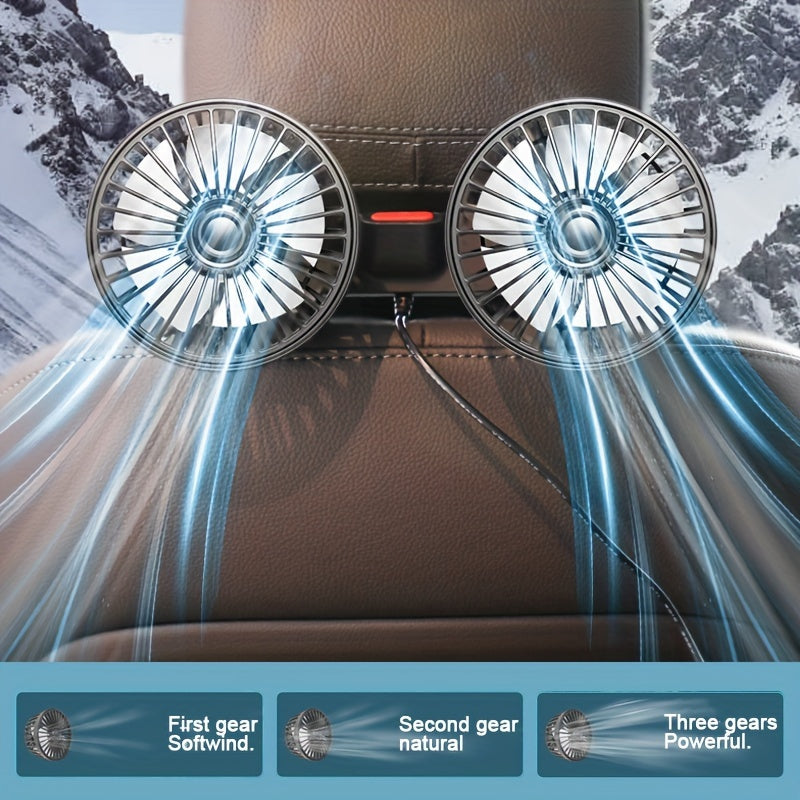 Dual Head USB Car Seat Fan with 360° Rotation, Adjustable Clip for SUVs and RVs
