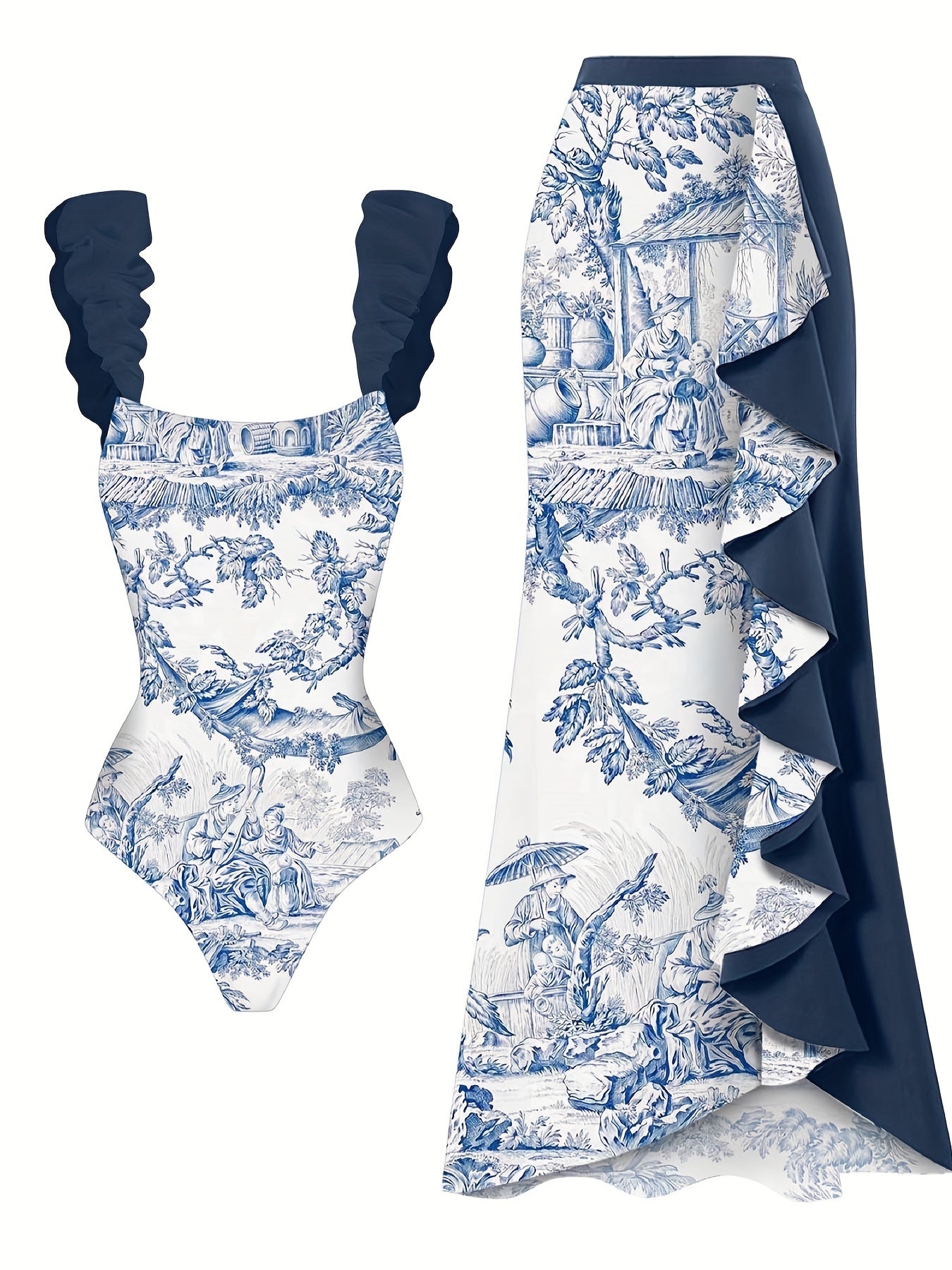 Women's Swimwear Set Two-Piece and One-Piece Swimsuit with Cover-Up Skirt