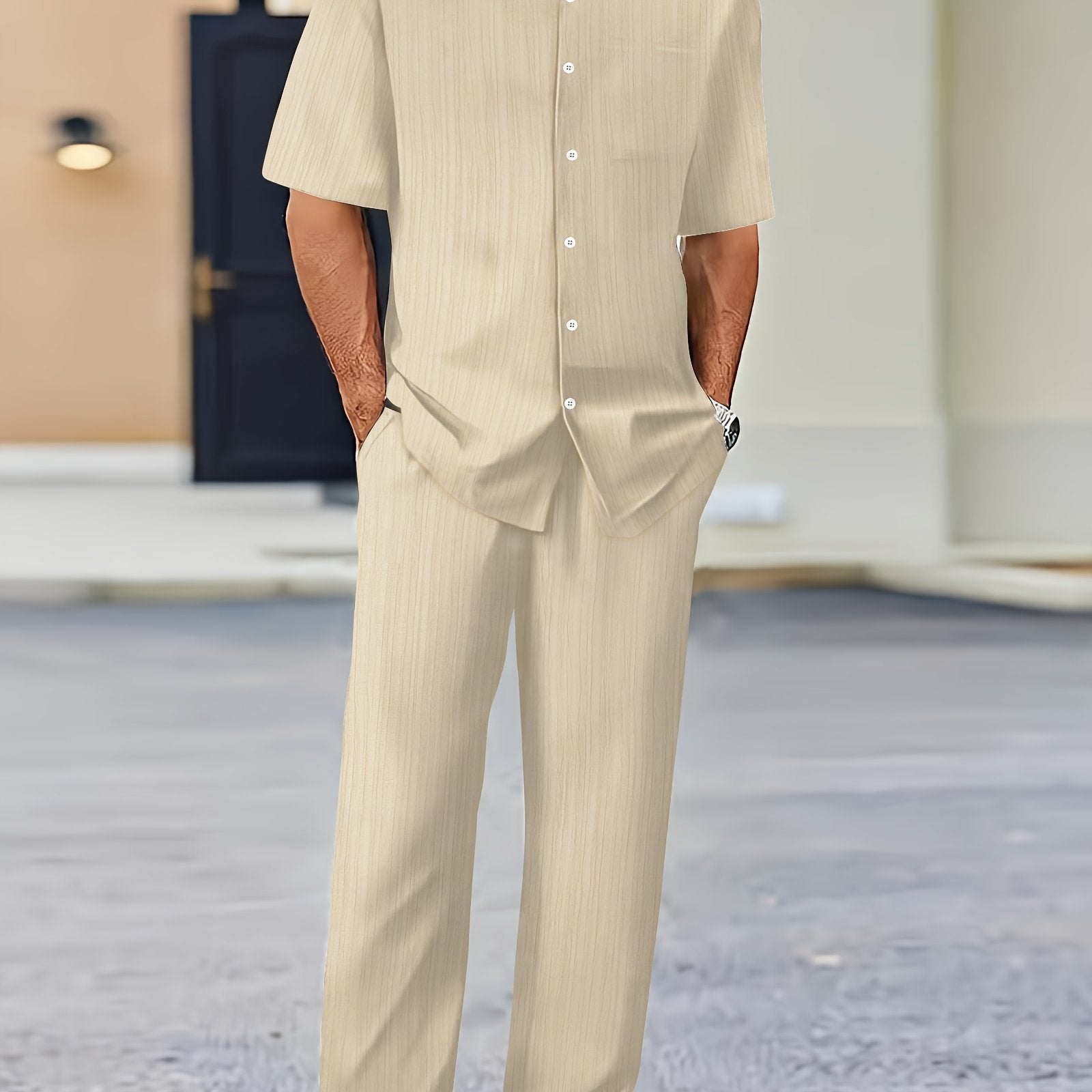 Men's Short Sleeve Striped Sweatsuit Set with Button Collar and Elastic Waist Pants Summer Woven Polyester Spandex