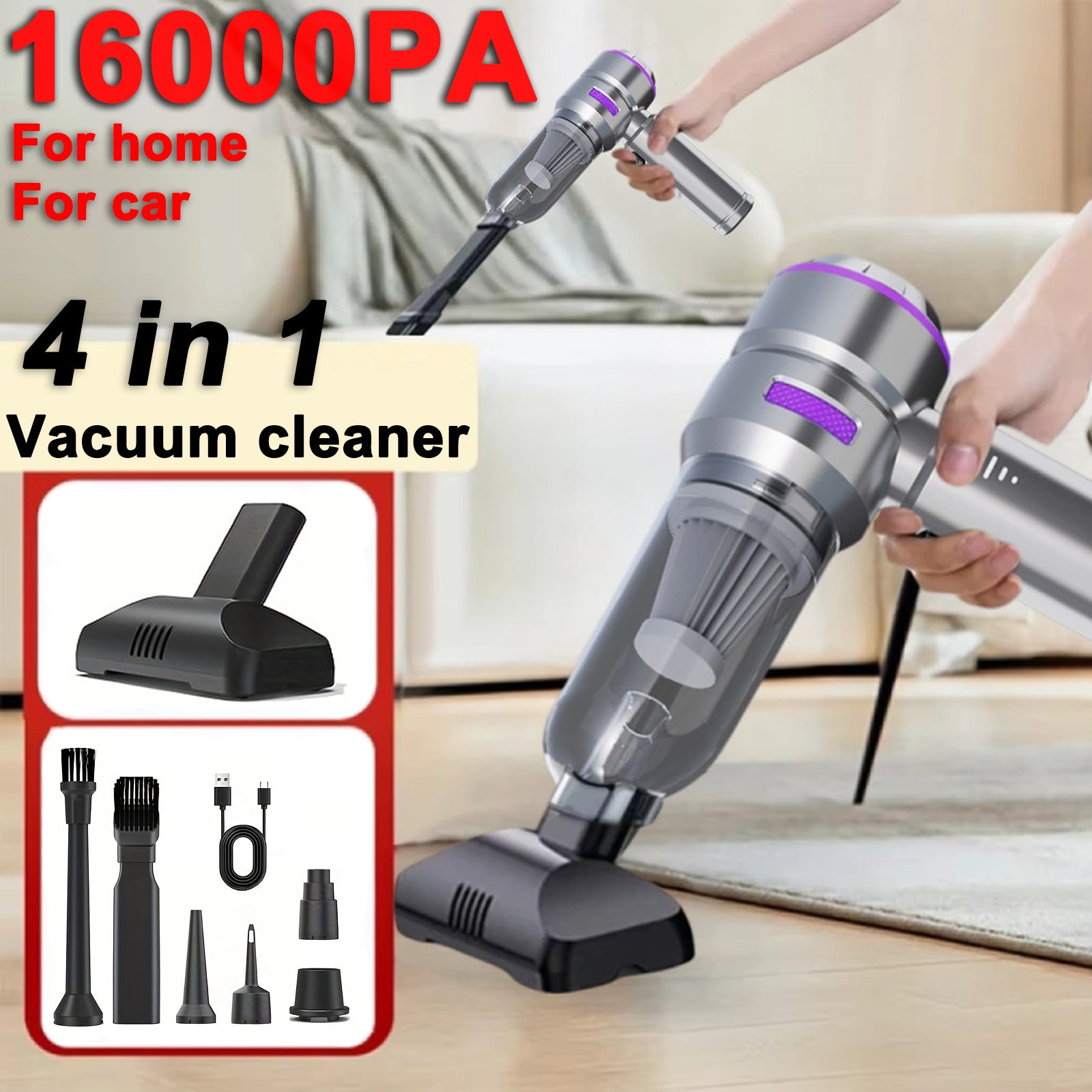Portable Handheld Vacuum Cleaner 4-in-1 Cordless Mini Car Home Office