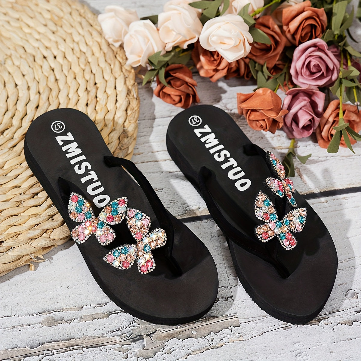 Women’s Boho Floral Rhinestone Flat Slides Summer Beach Sandals