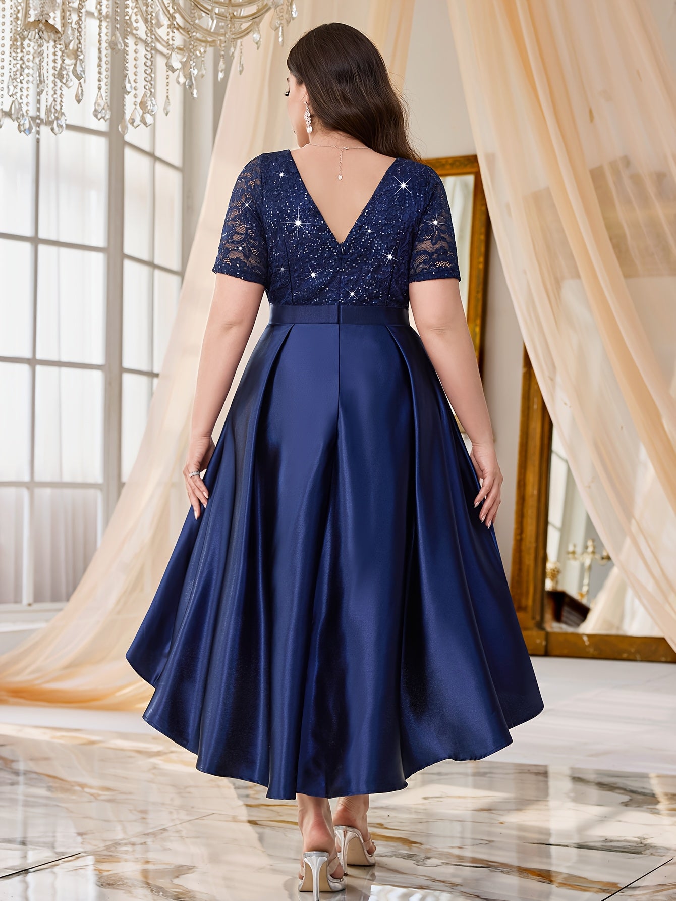 Plus Size Lace Dress with Sequins Blue Sleeveless Knee-Length