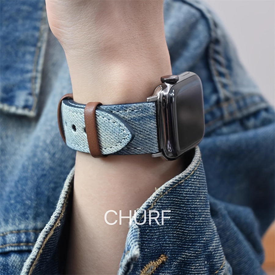 Denim va metalldan tayyorlangan Apple Watch tasmasi, kumush rangli qopqoq bilan, turli xil Apple Watch o'lchamlari va seriyalariga mos keladi, mustahkam va zamonaviy dizayn.