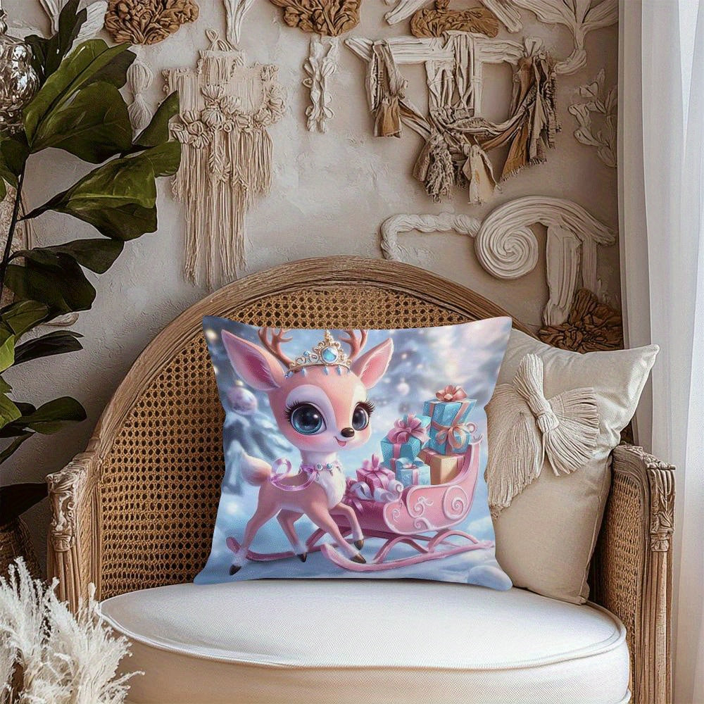 Festive Christmas Throw Pillow Cover 45cm Square Elf and Reindeer Design Polyester