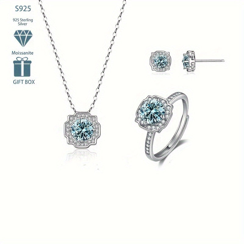 Sterling Silver Jewelry Set with Moissanite Earrings Necklace and Ring in Multiple Colors