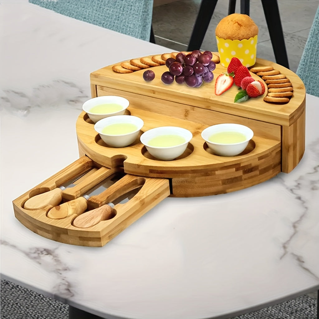Bamboo Cheese Board Set with Slide-Out Drawer and Foldable Storage for Entertaining