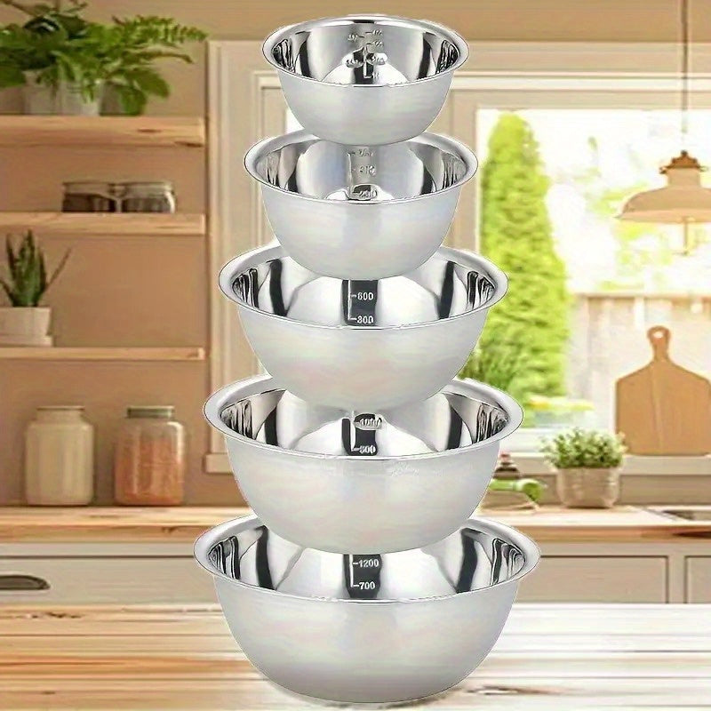 Set of 5 Stainless Steel Kitchenware Bowls for Salads Soups Baking and Serving