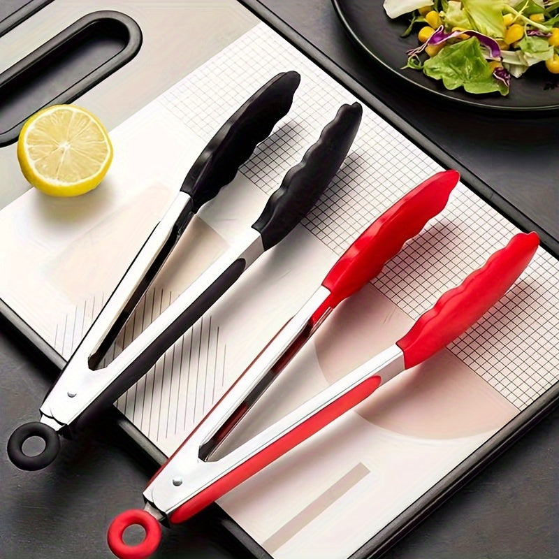 Black and Red Stainless Steel Kitchen Tongs with Silicone Tips, Multiple Sizes