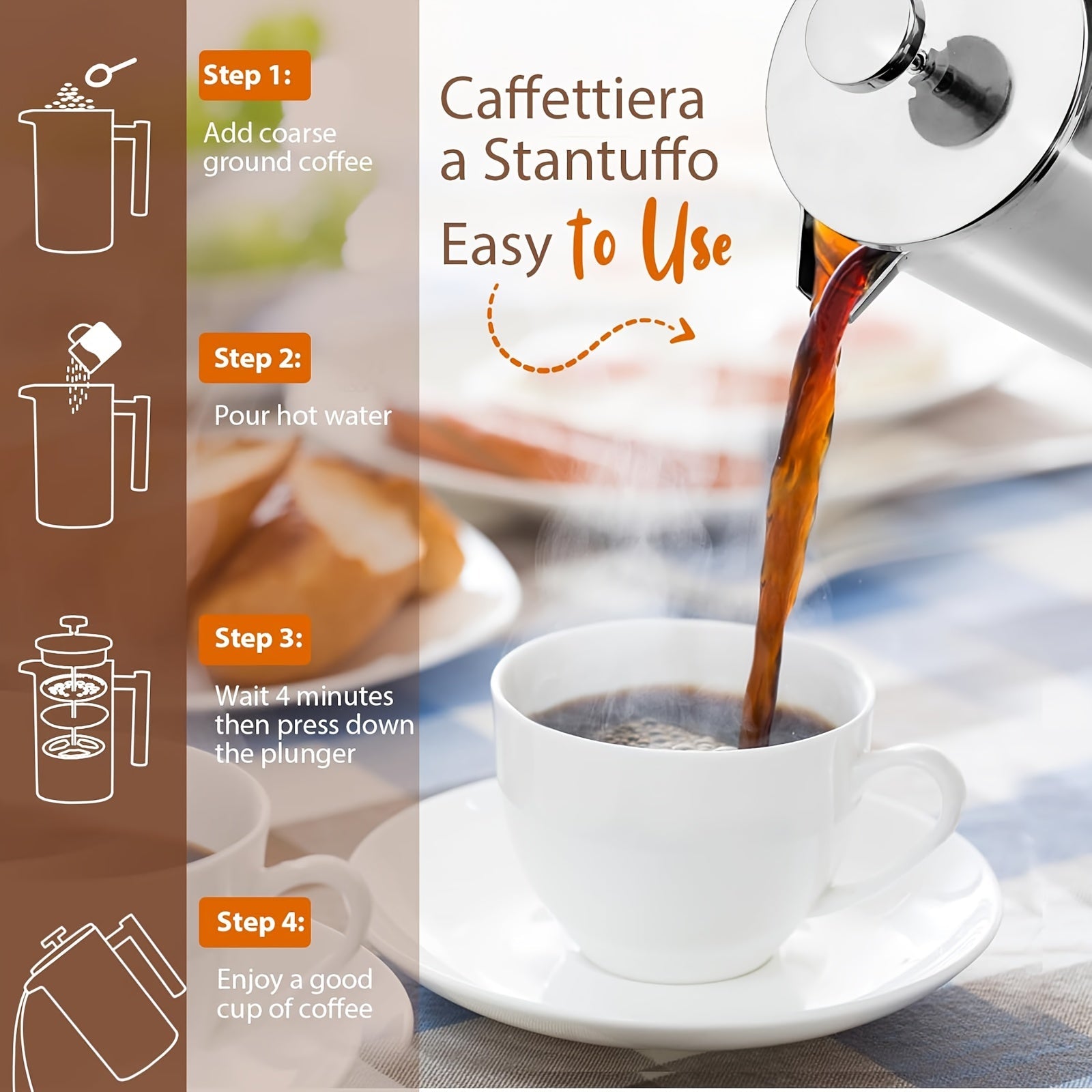 Кофейник френч-пресс из нержавеющей стали долговечен и идеально подходит для приготовления вкусного кофе в комфортной домашней обстановке.