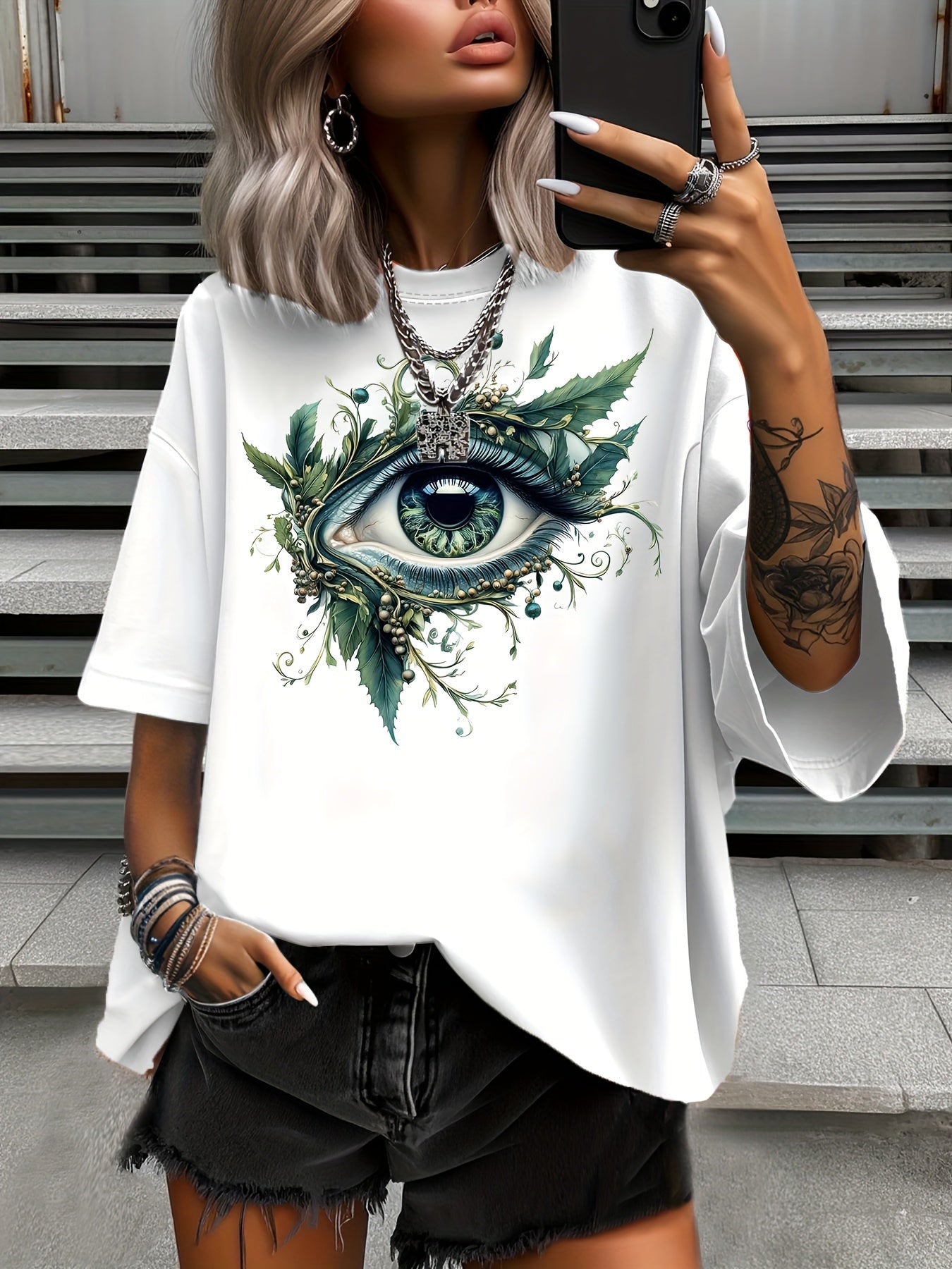 Women's Plus Size Nature-Inspired Eye Print T-Shirt Casual Short Sleeve Green Leaf