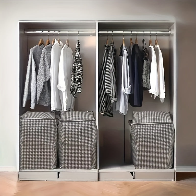 Large Capacity Houndstooth Storage Box with Faux Leather Handles for Clothes Bedding Toys