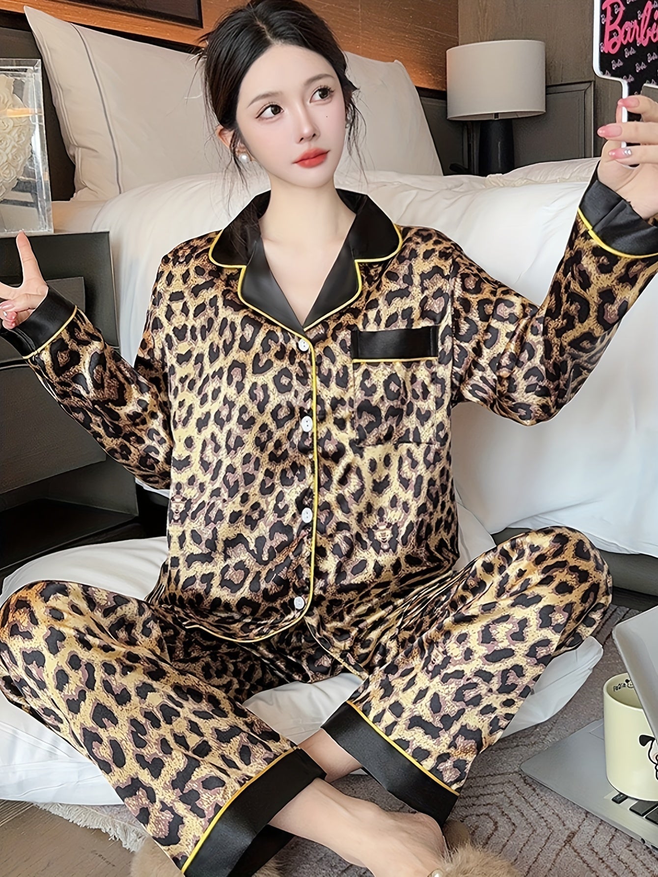 Women's Leopard Print Pajama Set Long Sleeve Lapel Collar Polyester Spandex Fall Winter