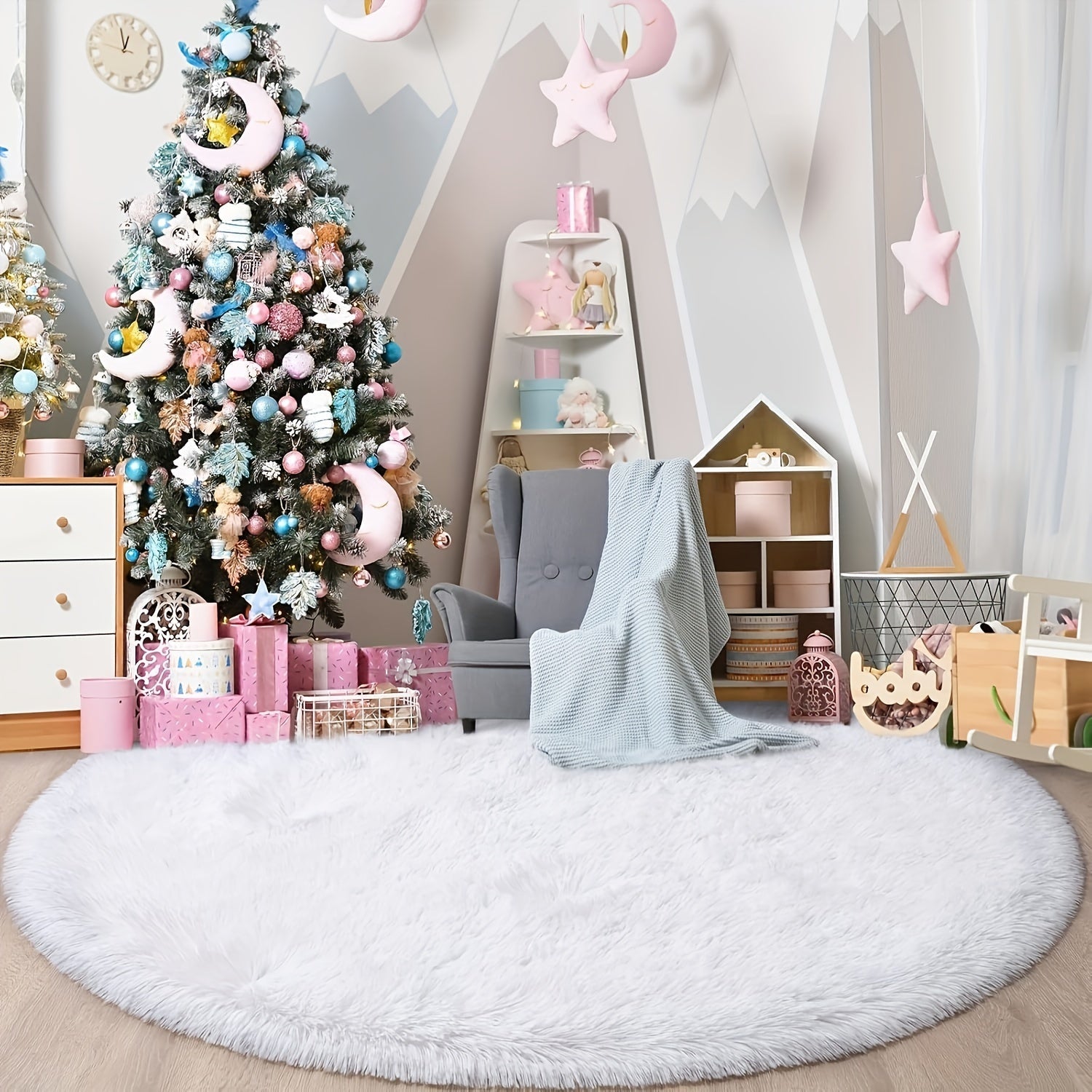 White Round Plush Area Rug Thick Durable Faux Fur Cozy Home Decor