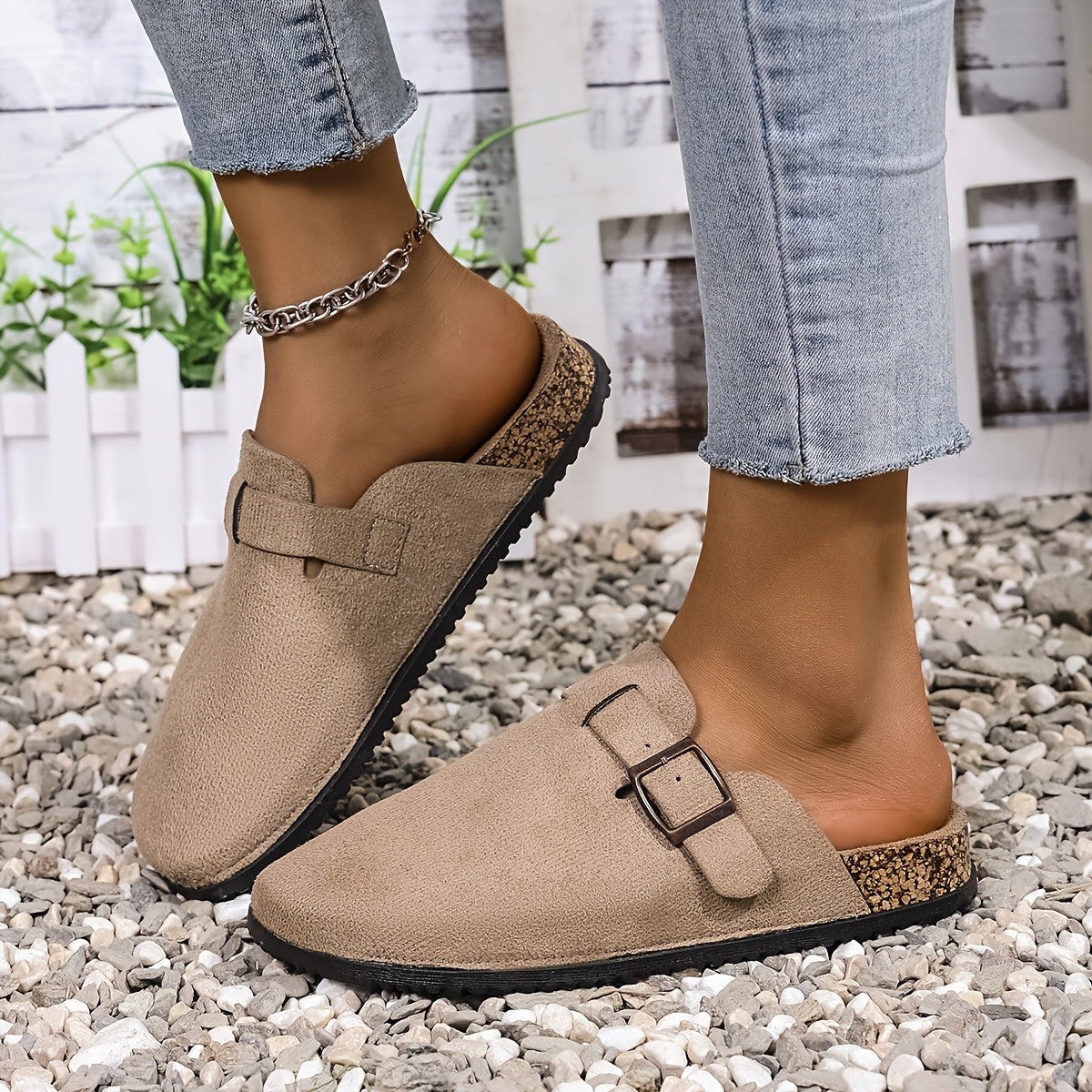 Women Beige Slide Sandals with Adjustable Buckle and Flat Rubber Sole