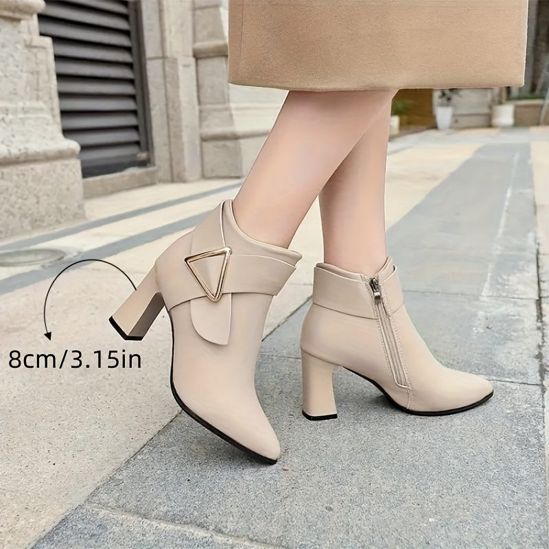 Women's Synthetic Ankle Boots with Chunky Heel Pointed Toe Beige