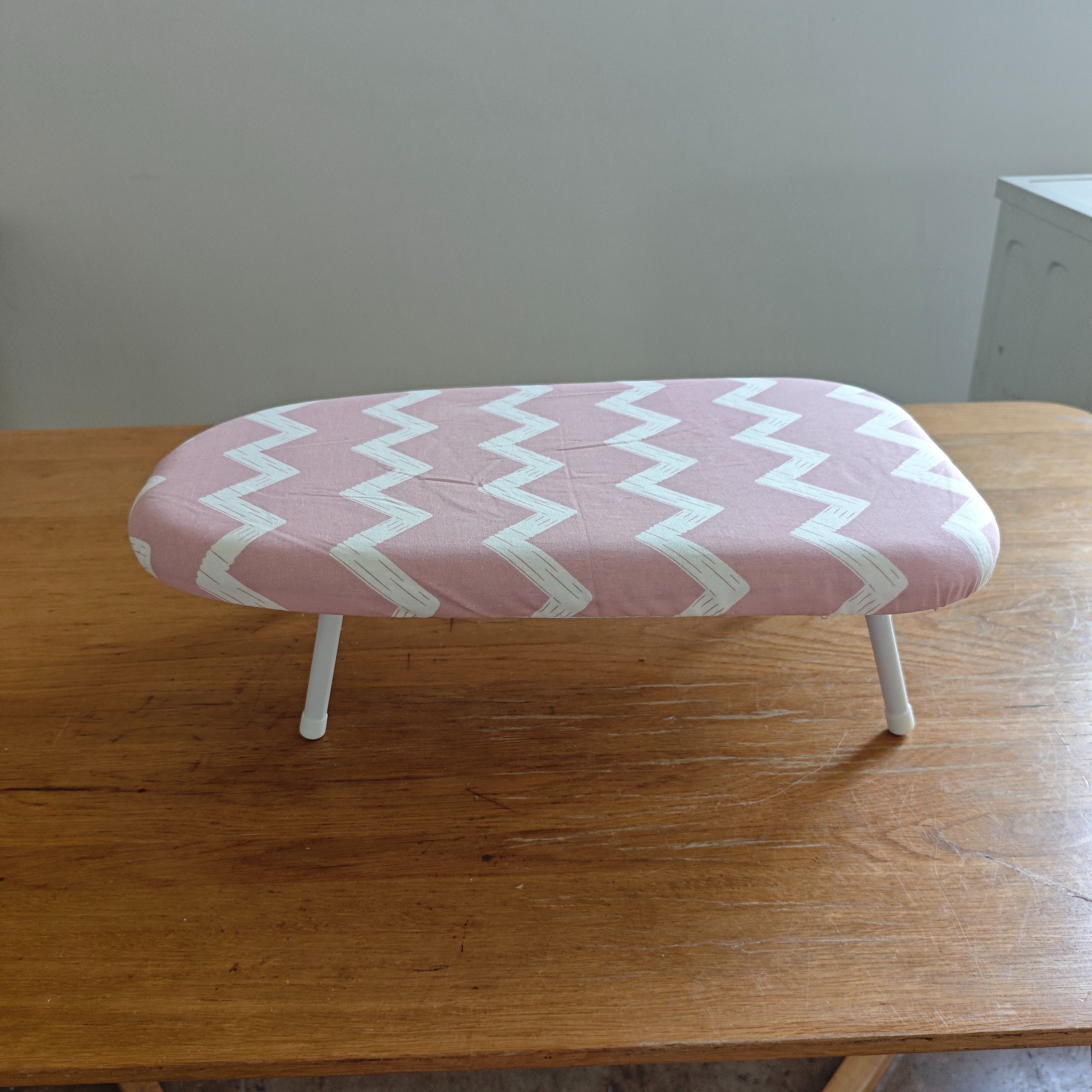 Pink and White Herringbone Foldable Ironing Board with Compact Surface