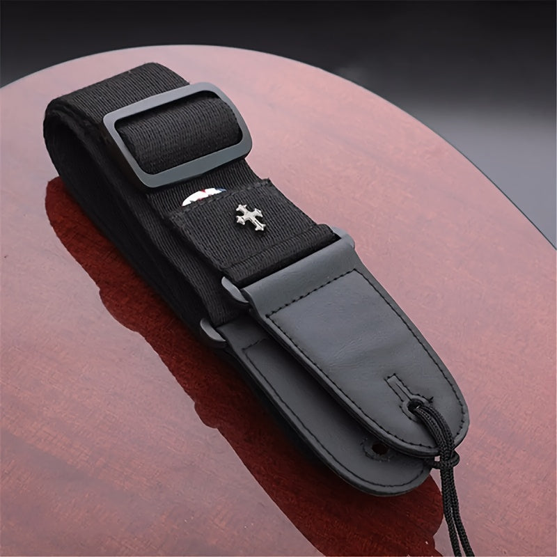 Correa de guitarra eléctrica con patrón de cruz vintage y bolsillo para púas para guitarra acústica, folk, bajo, ukelele
