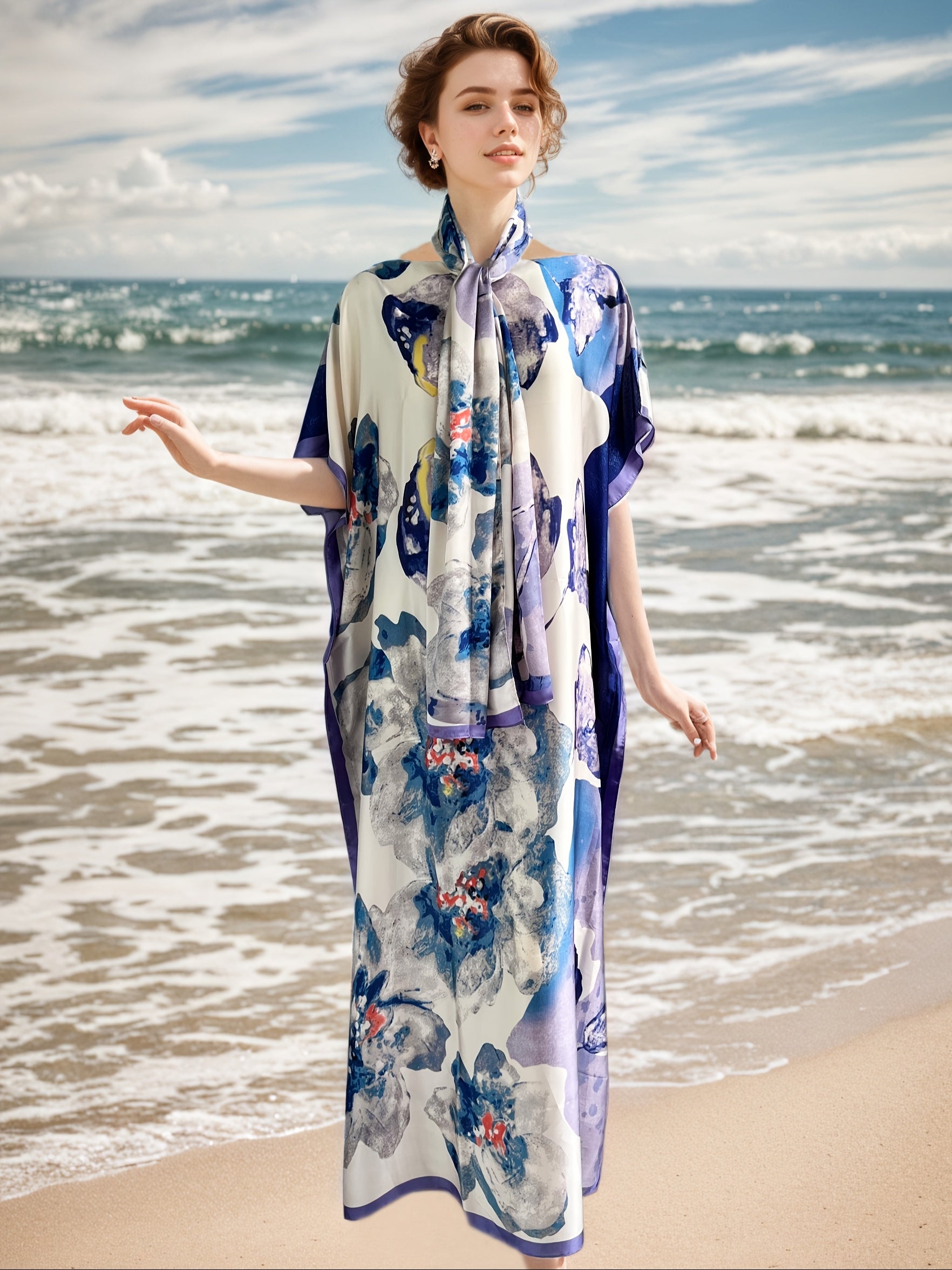 Plus Size Women's Maxi Dress Floral Batwing Sleeves Purple Blue Formal Casual