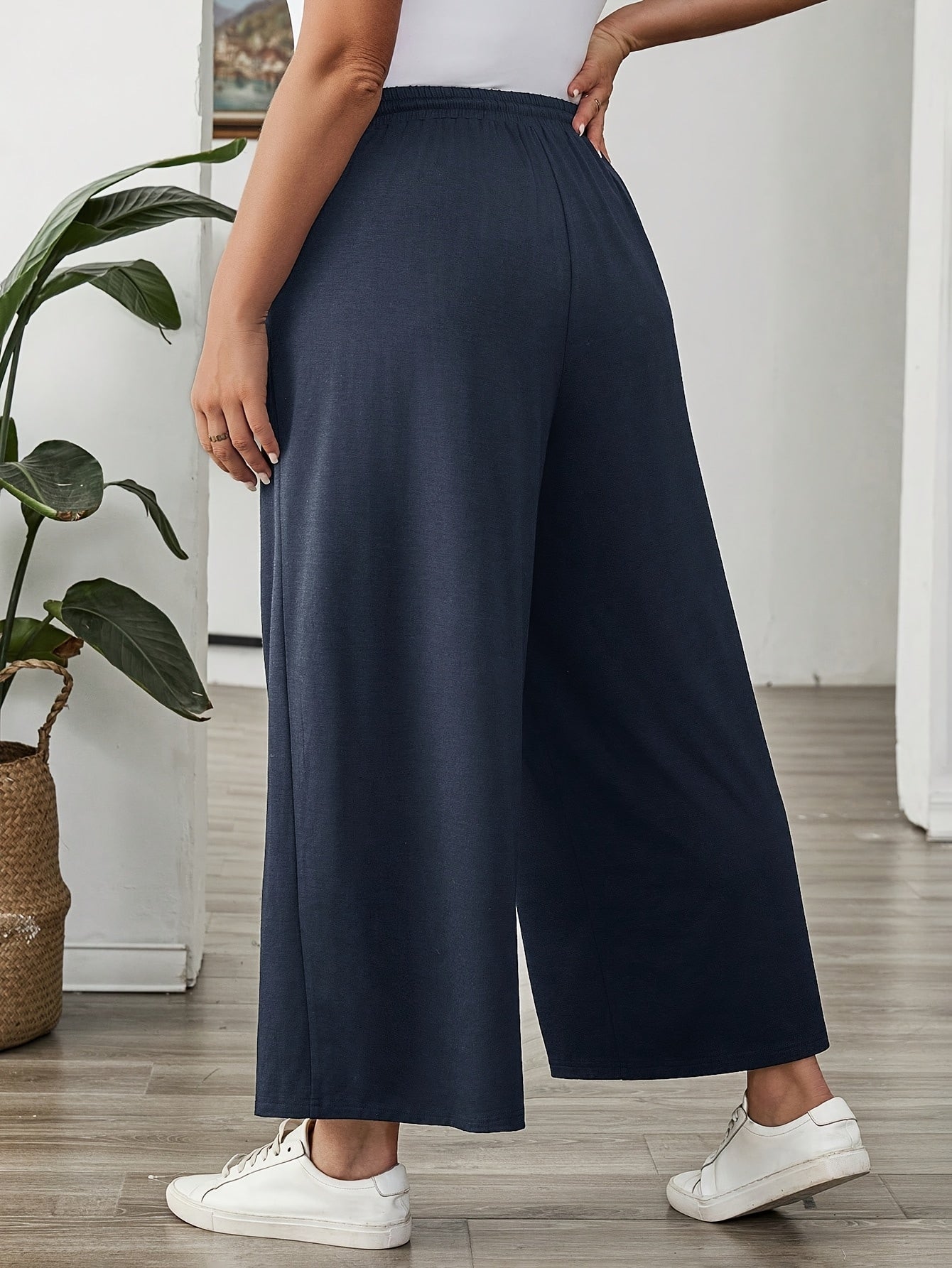 Pantalones anchos de mujer de talla grande de color sólido con cintura elástica, casuales para verano