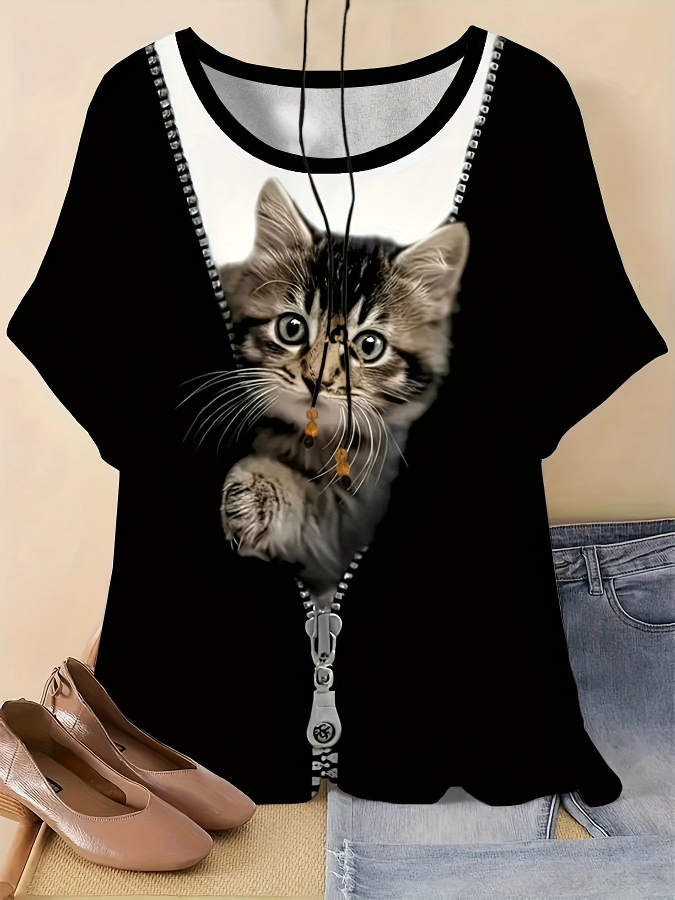 Plus Size Summer Animal Print Tee with Kitten Graphic Short Sleeve T-Shirt