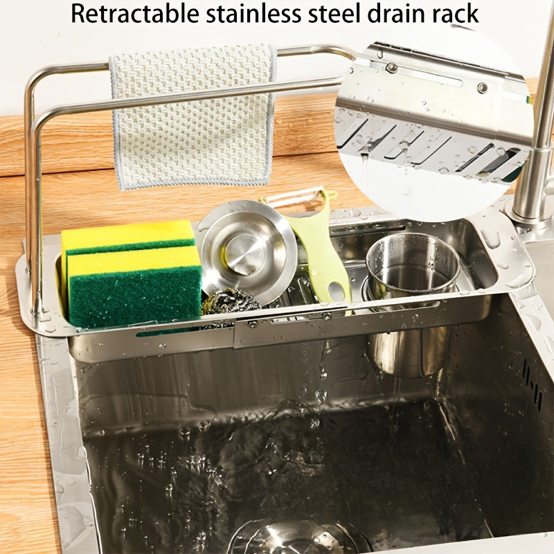 Expandable Stainless Steel Sink Drain Rack with Holder and Drying Basket