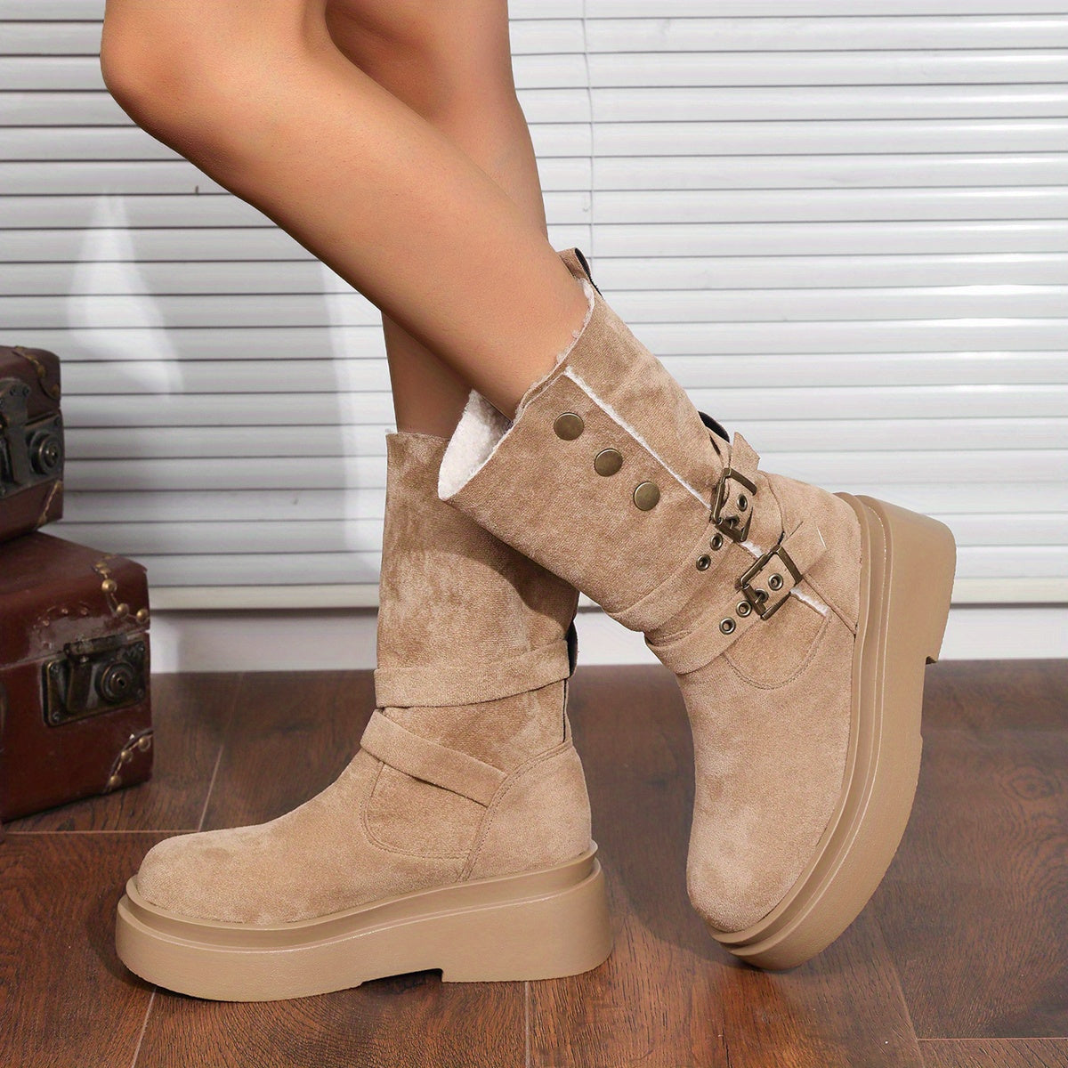 Women's Fleece Mid-Calf High Heel Western Cowboy Boots with Buckle