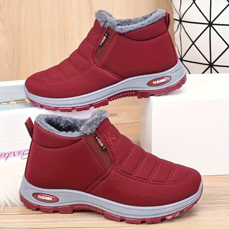 Women's Winter Snow Boots Fleece-Lined Slip-On Solid Color Rubber Sole