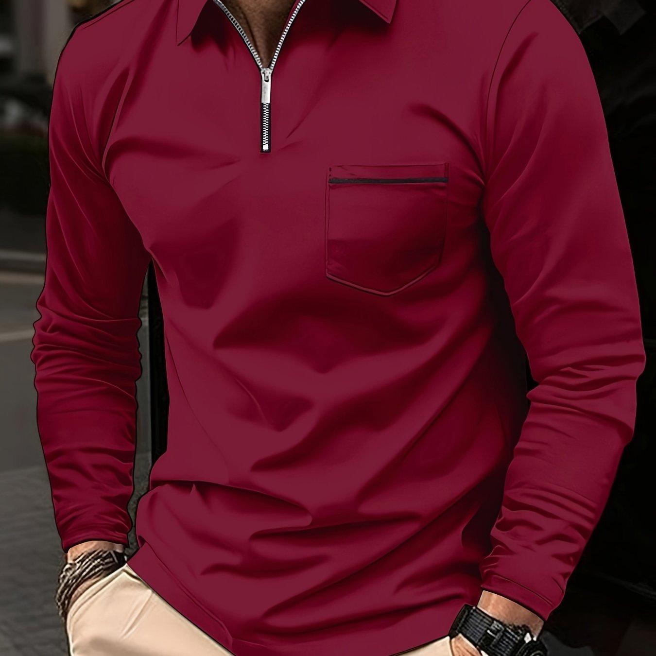 Men's Long Sleeve Solid Zipper Shirt with Lapel Collar and Chest Pocket for Spring Fall Outdoor Wear