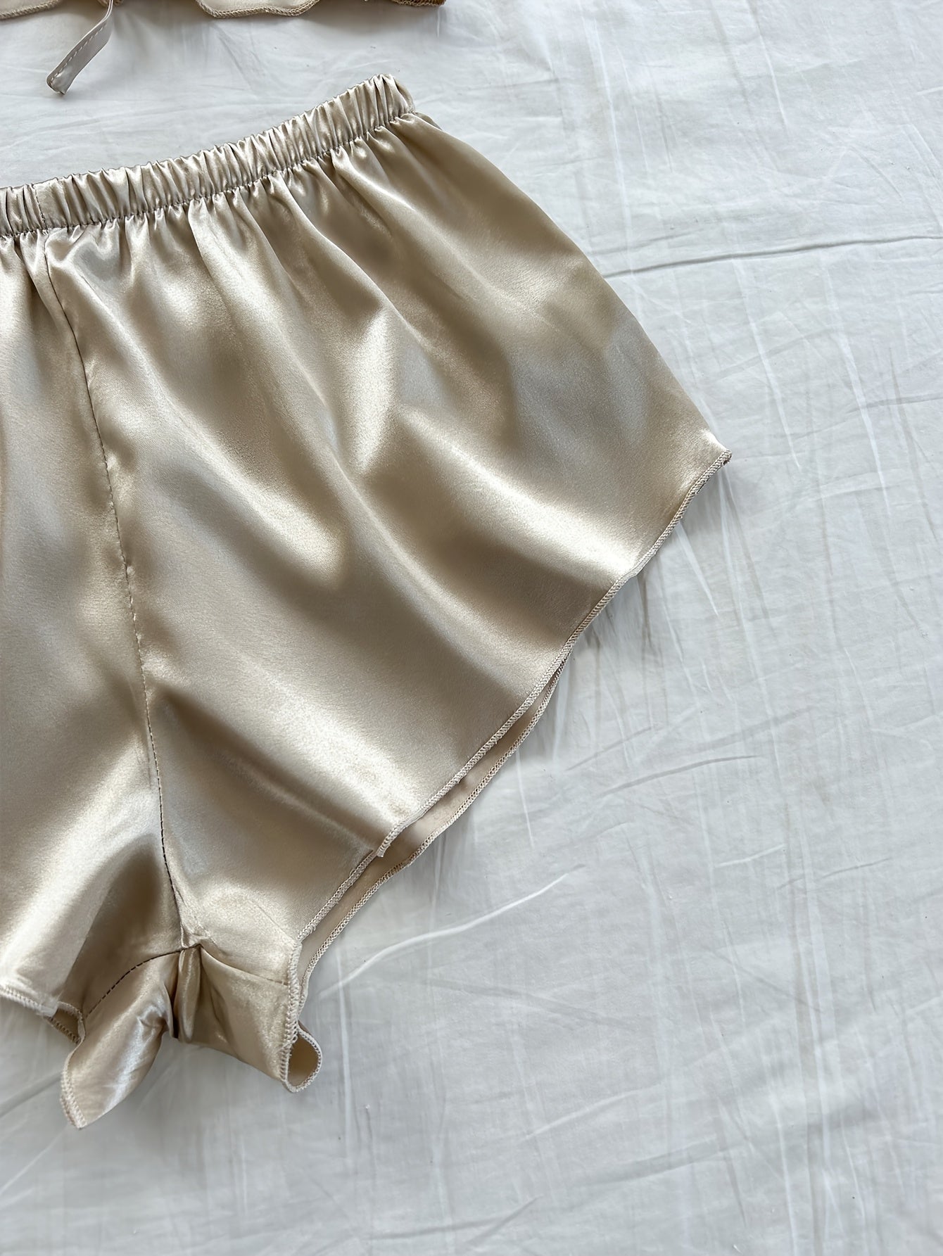 Women's Satin Pajama Set Includes V-Neck Robe with Sash Mini Bralette and Shorts Solid Color Polyester Fall Winter Sleepwear