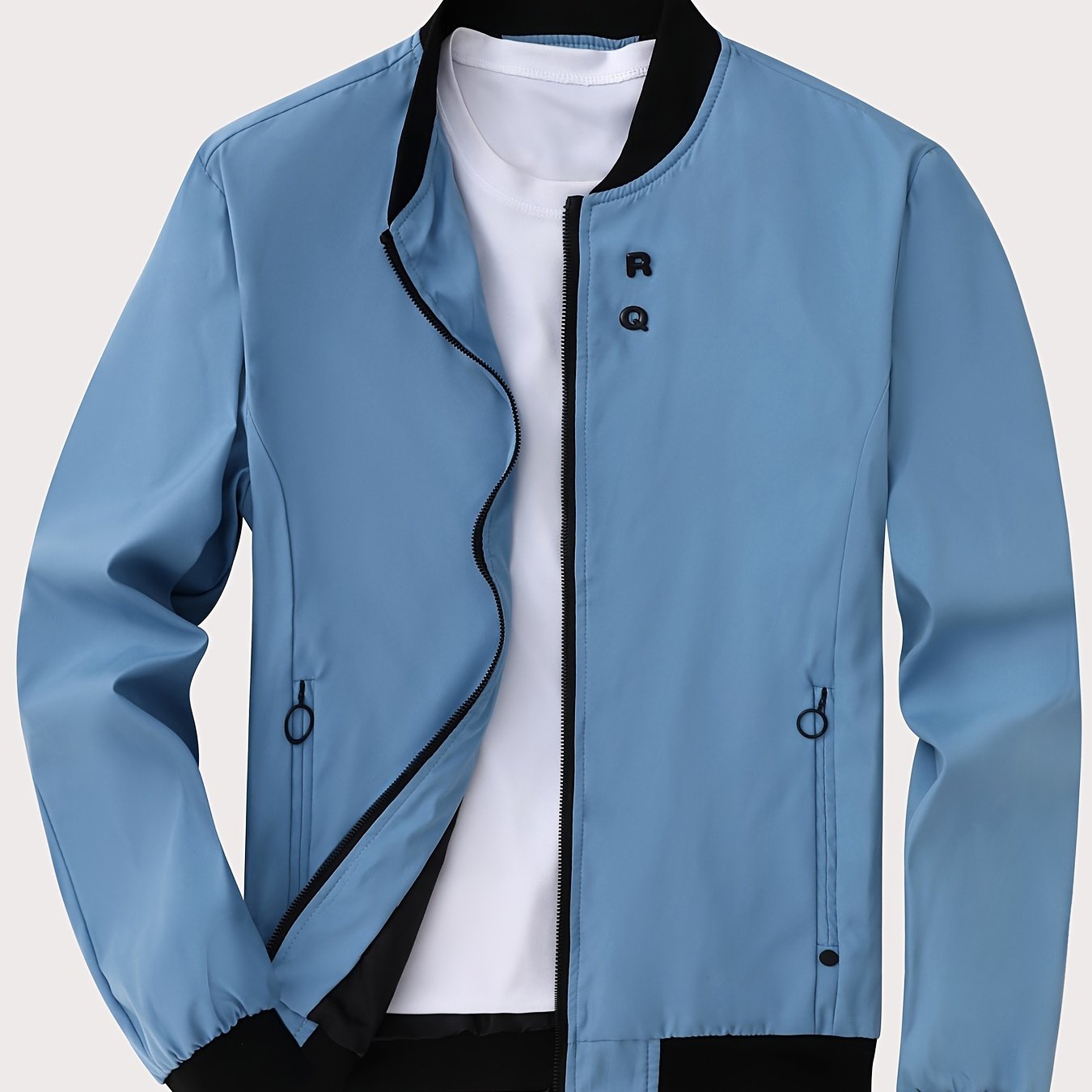 Men's Solid Color Polyester Zipper Jacket with Stand Collar Long Sleeves Casual All-Season