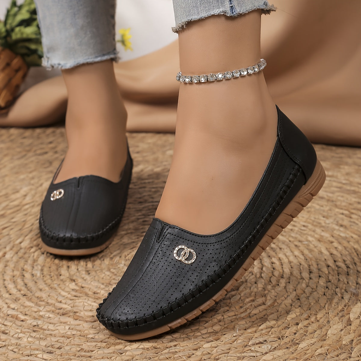 Ayollar uchun slip-on tufli, kundalik qulaylik, sintetik charm, barcha mavsumlar uchun poyabzal